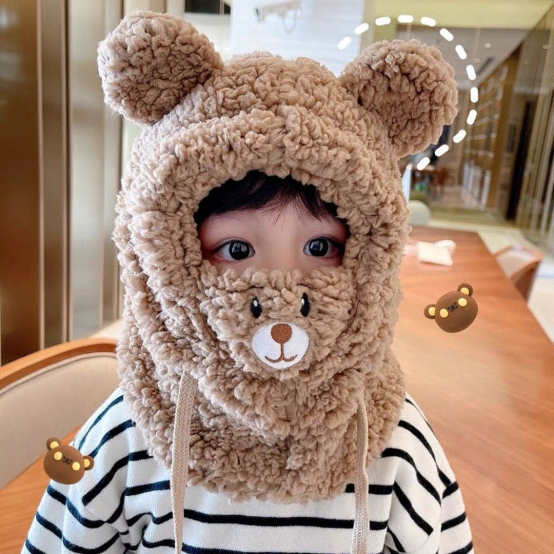 Thick plush hooded scarf with attached hat, providing warmth for winter activities