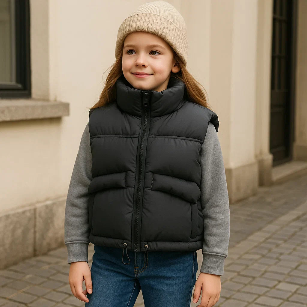Warm red kids' puffer vest, cozy winter bodywarmer for children, cold weather outerwear