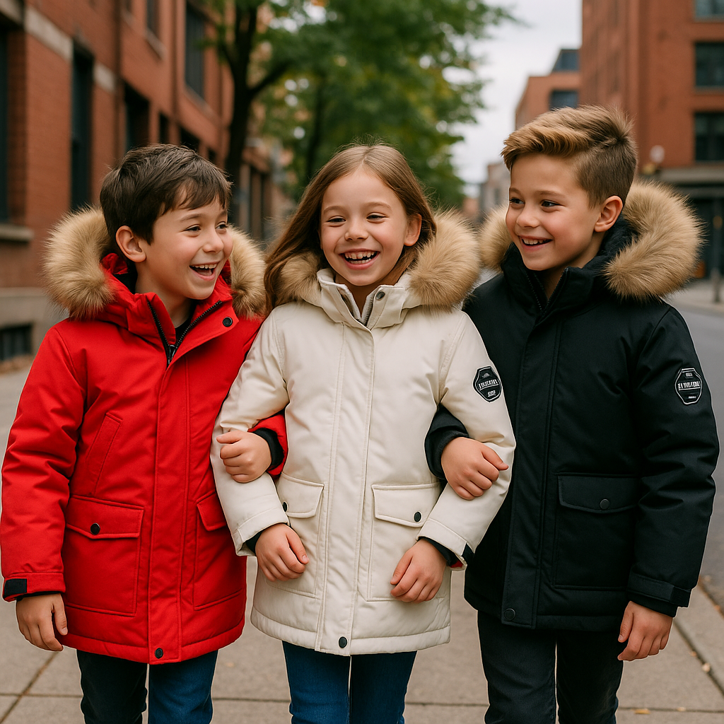 Warm red waterproof winter coat for boys and girls, front view, kids fashion outerwear.