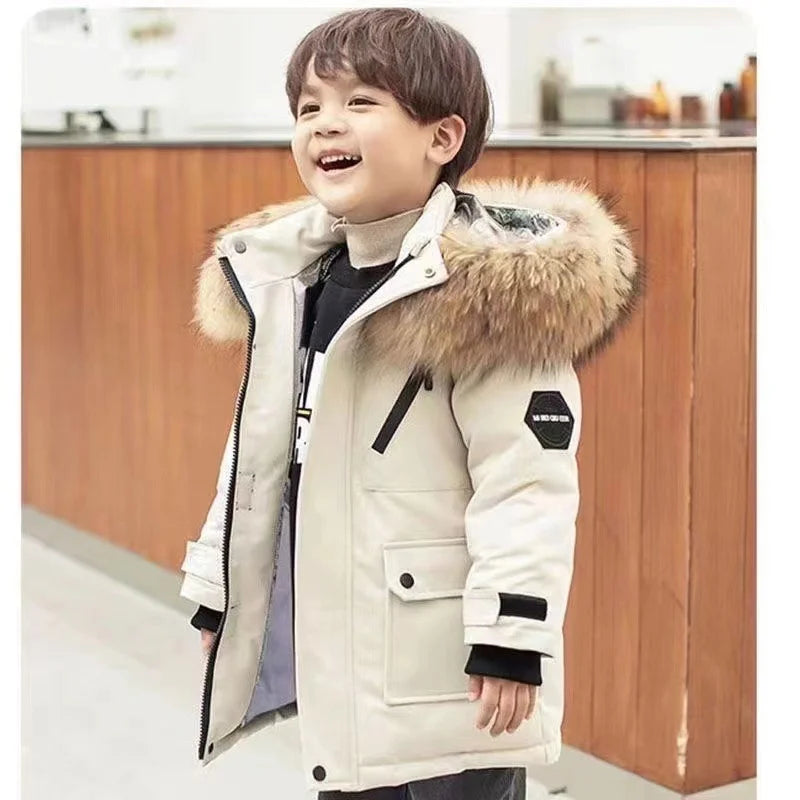 Children's padded winter jacket in blue, waterproof fabric and warm insulation, side view.