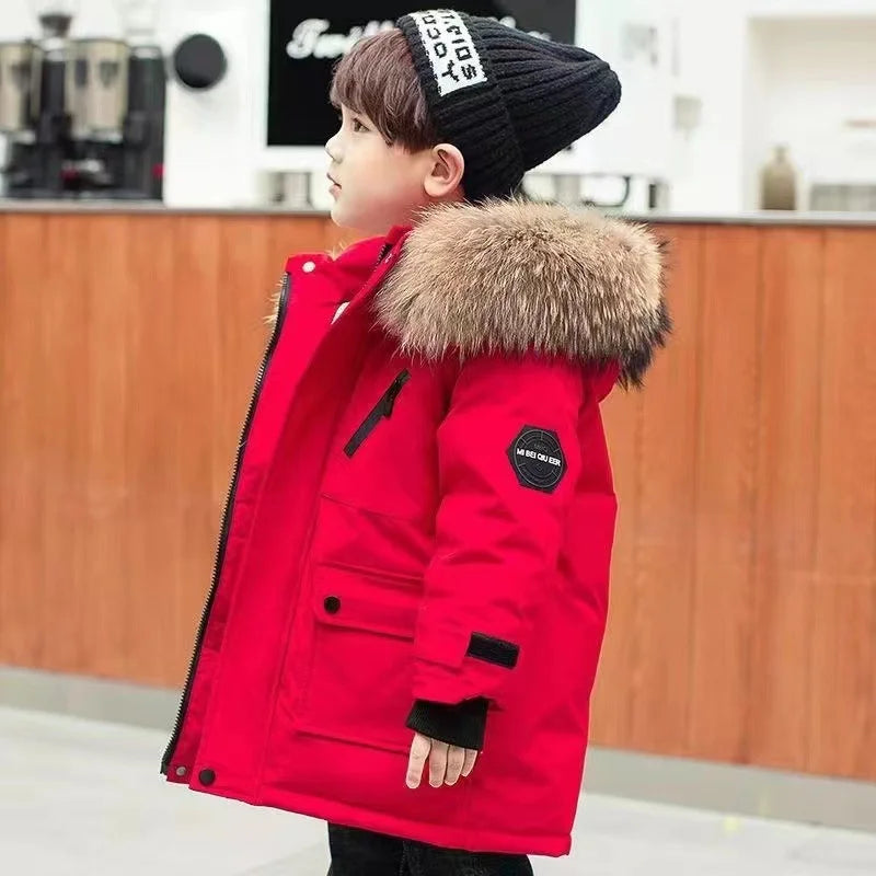 Kids vibrant yellow waterproof winter coat, perfect for snow and cold, suitable for boys and girls.