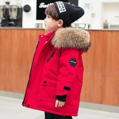 Kids vibrant yellow waterproof winter coat, perfect for snow and cold, suitable for boys and girls.