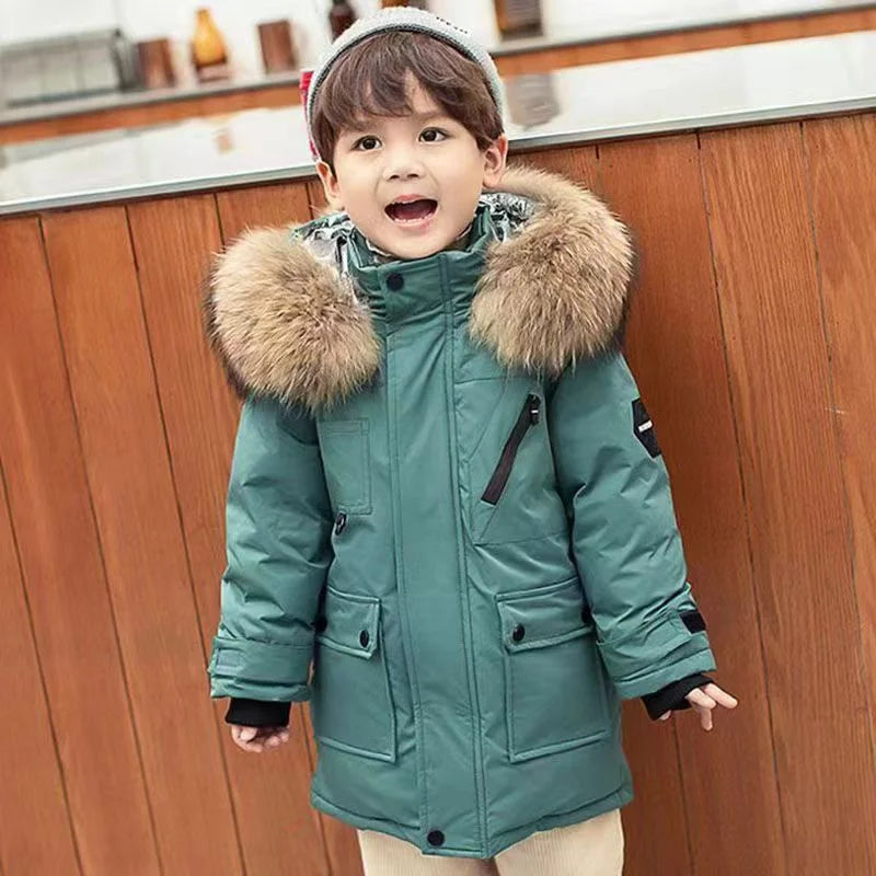 Close-up of a kids warm winter coat zipper and waterproof material, ideal for toddlers.