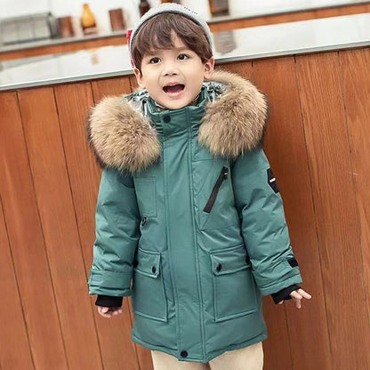Close-up of a kids warm winter coat zipper and waterproof material, ideal for toddlers.
