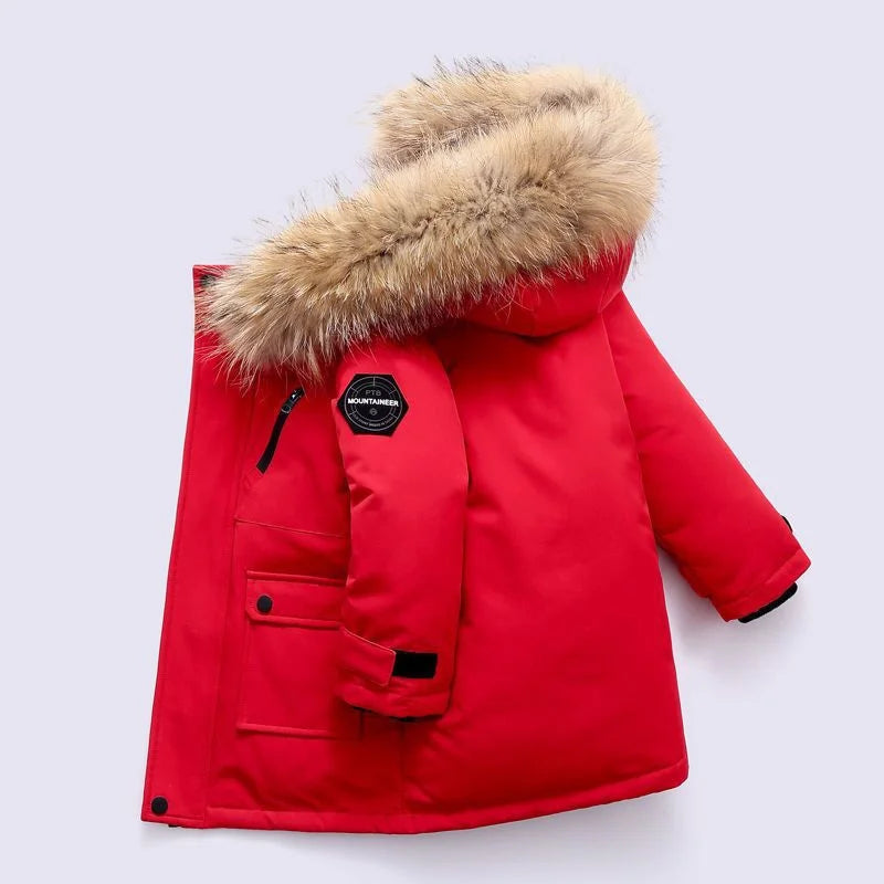 Back view of a purple children's warm winter coat with hood, waterproof and padded for comfort.