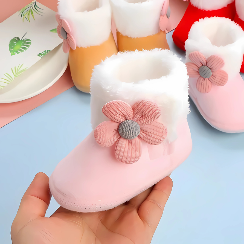 Warm, soft, non-slip unisex baby booties in plush white, perfect for infant comfort and safety.