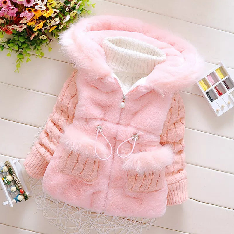 Warm toddler girls' pink plush hooded winter jacket, front view, for cold weather.