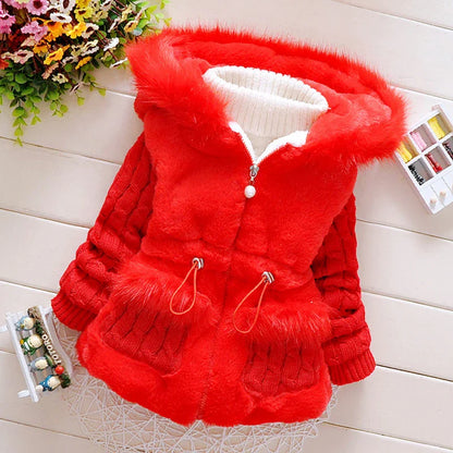 Infant winter essential: soft pink cotton blend hooded jacket for baby girl.