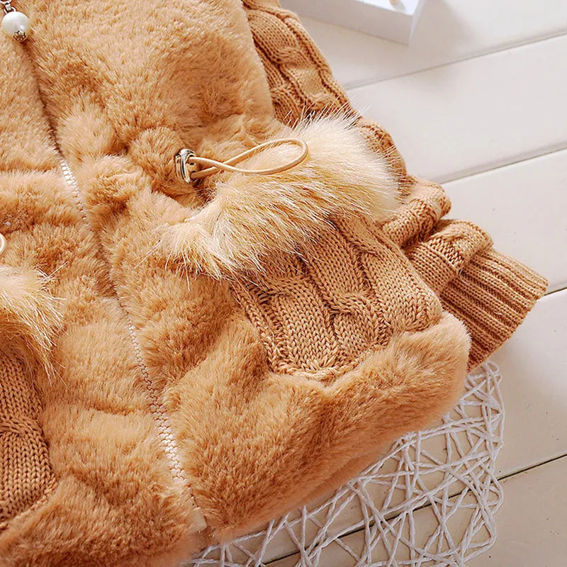 Holiday outfit idea: charming pink plush hooded jacket for a baby girl, front view.