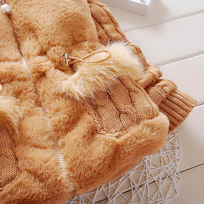 Holiday outfit idea: charming pink plush hooded jacket for a baby girl, front view.
