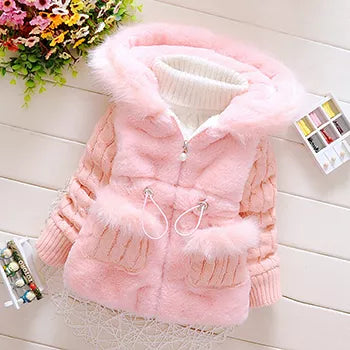 Baby girl fashion: adorable pink plush hooded jacket, full length for warmth and style.