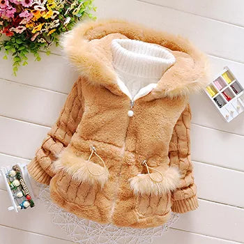 Warm kids jacket: pink plush outerwear with functional hood, side pockets visible.