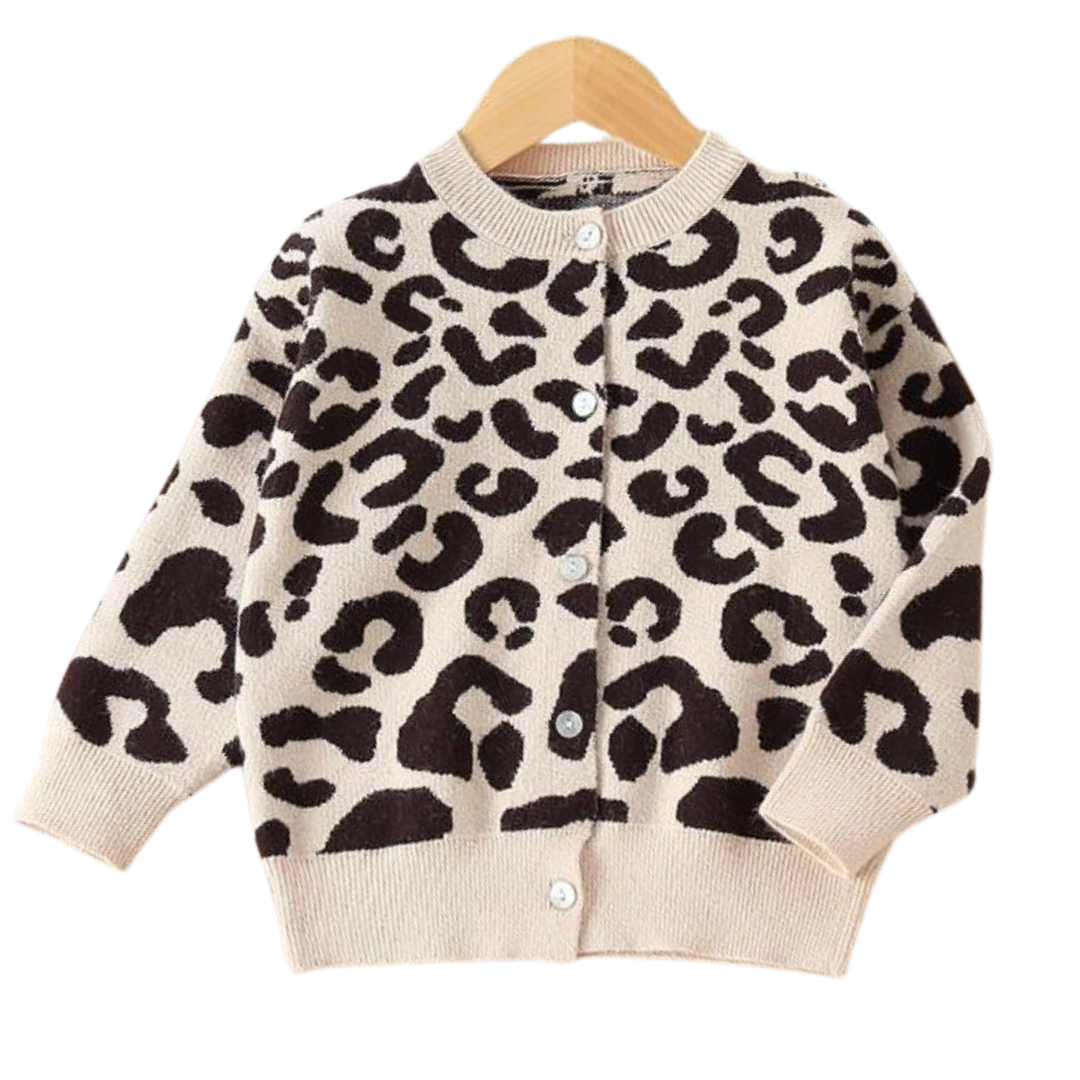 Cute leopard print cotton cardigan for toddlers, O-neck button sweater perfect for baby casual wear