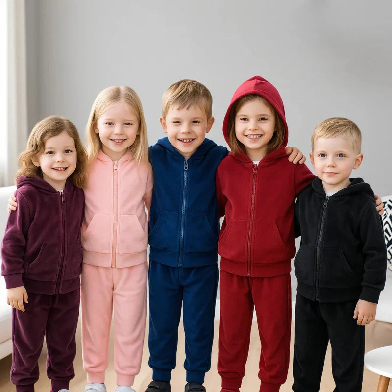 Warm velvet tracksuit for kids, boys & girls zipped hoodie & pants set, winter wear