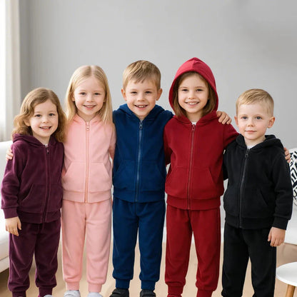 Warm velvet tracksuit for kids, boys & girls zipped hoodie & pants set, winter wear