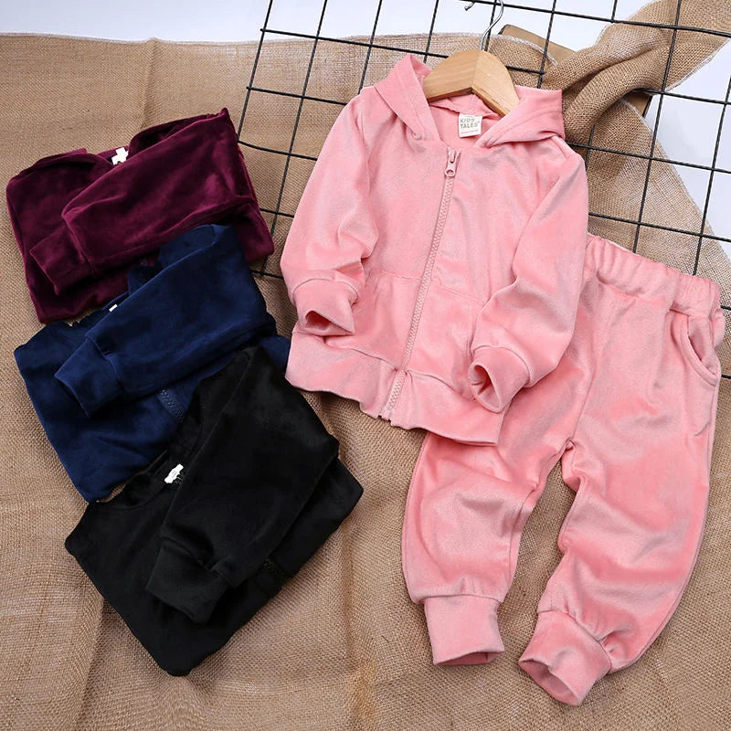 Kids velvet tracksuit set, cozy zipped hoodie and matching pants for boys and girls