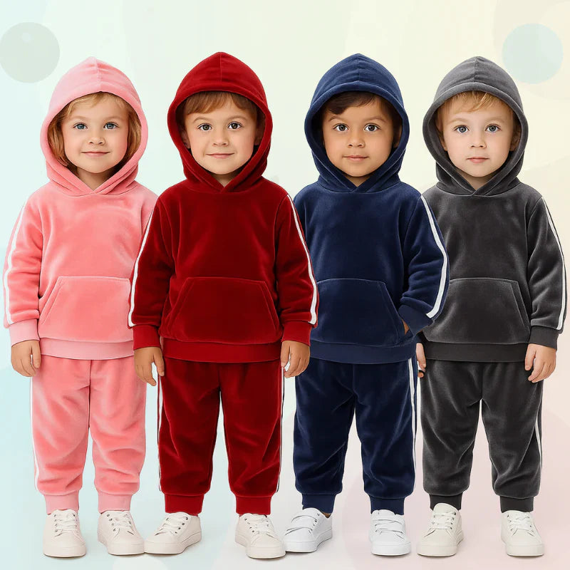 Boys and girls velvet tracksuit set, a plush zippered hoodie and soft track pants