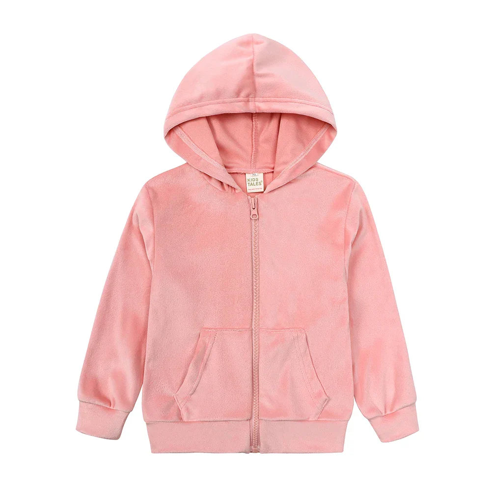 Warm kids' apparel: velvet tracksuit set featuring a zippered hoodie for comfort