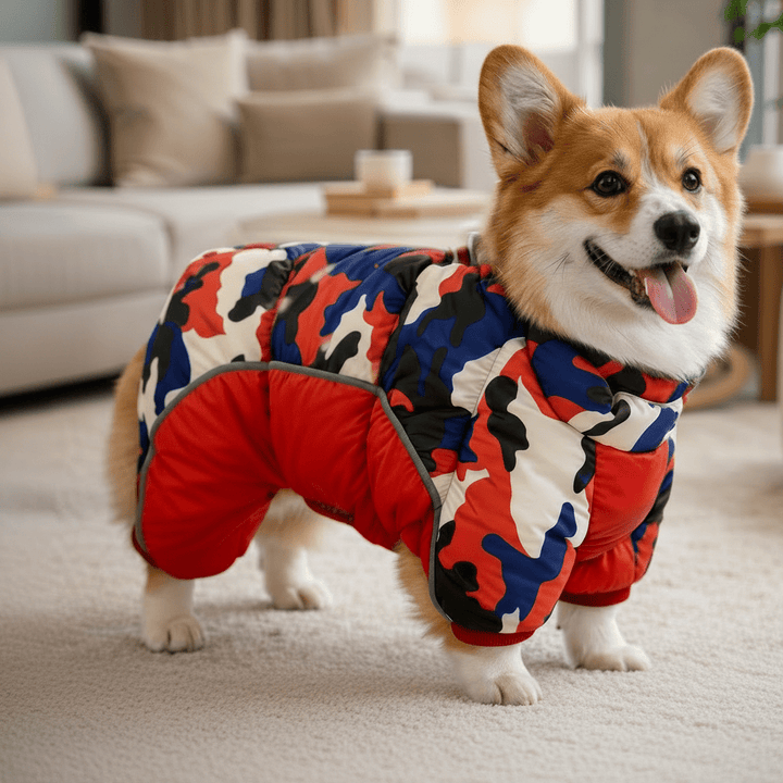 Warm & waterproof winter dog jacket with reflective stripes for visibility in cold weather.