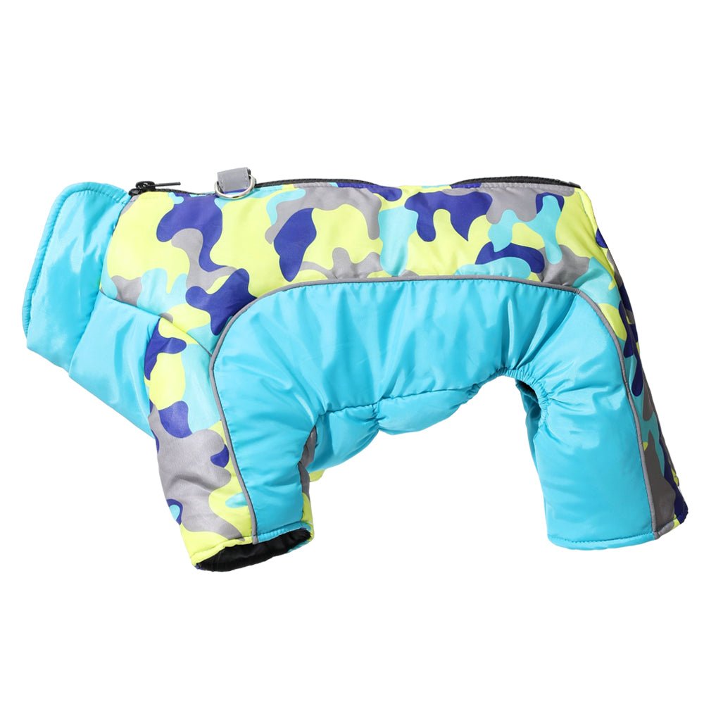 Side view of a dog enjoying a walk in its warm, waterproof, reflective winter coat.