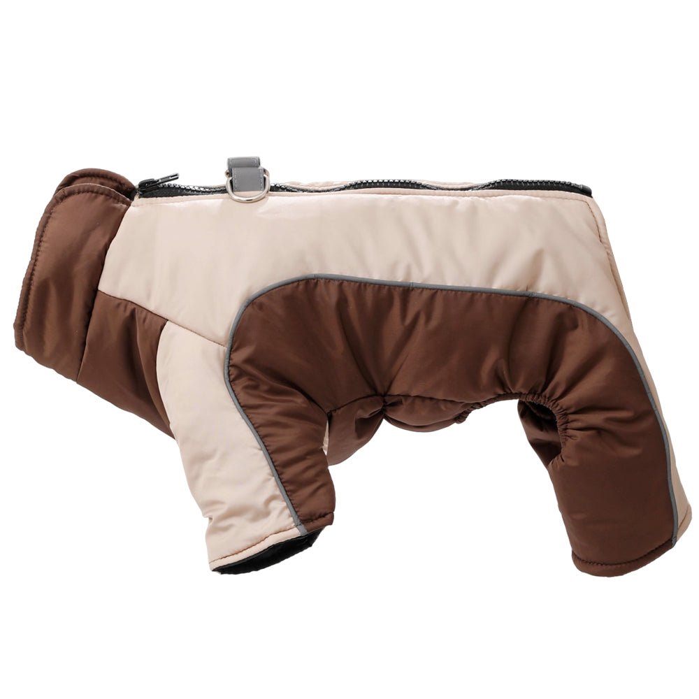 Waterproof dog jacket with soft fleece lining, reflective details, ideal for snow & extreme cold.