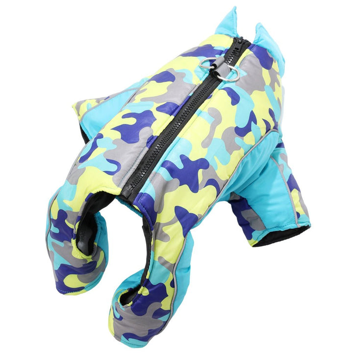 Durable dog jacket for winter, waterproof exterior, warm interior, with reflective safety features.