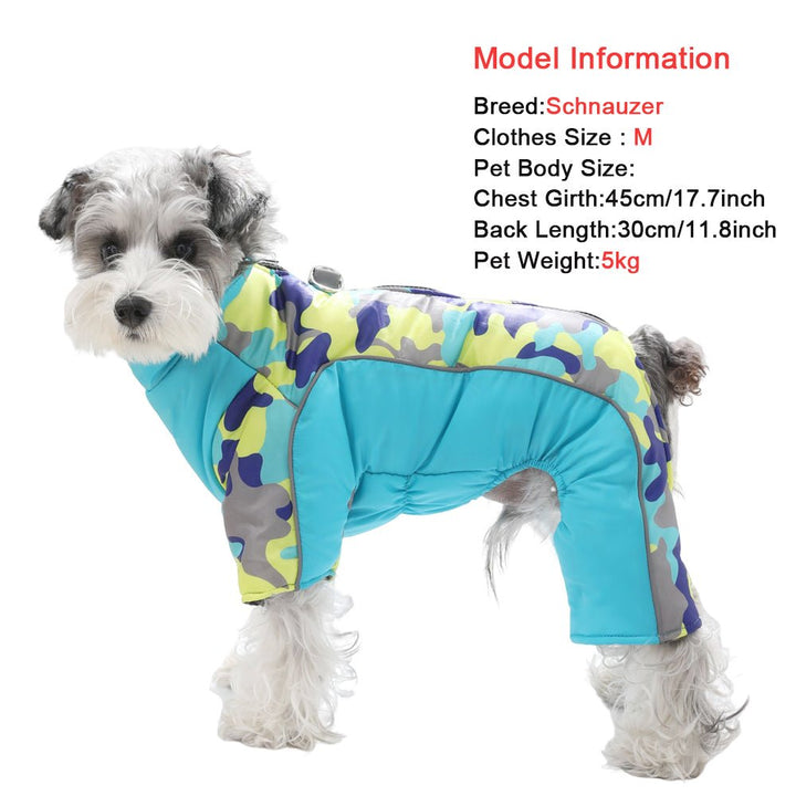 Stylish & safe: waterproof, warm dog winter jacket with prominent reflective stripes for visibility.