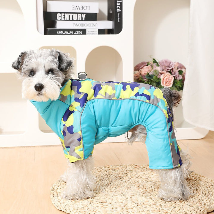 Dog's winter coat, durable & waterproof, ensuring warmth & protection in cold outdoor conditions.