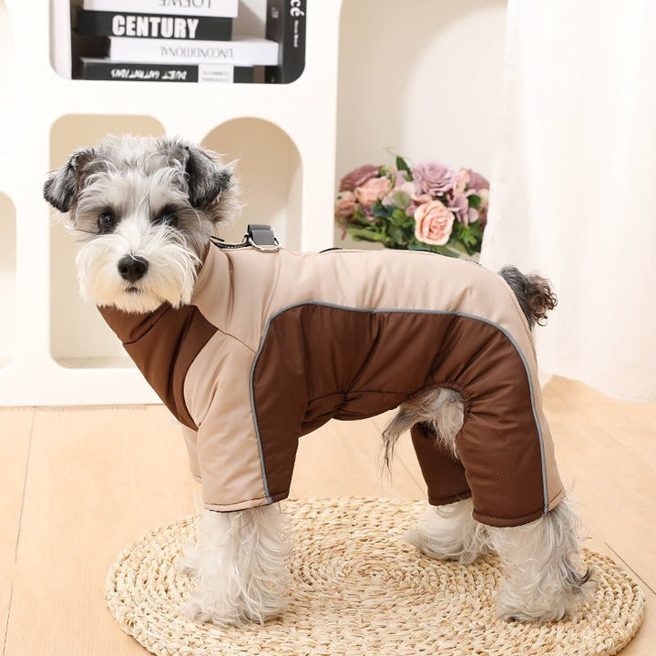 Pet safety winter vest: waterproof, warm dog jacket with bright reflective stripes for night walks.