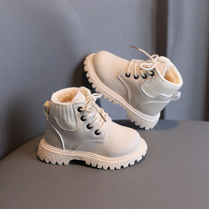 Kids fuzzy cotton winter boots, unisex, featuring a convenient side zipper for easy wear.