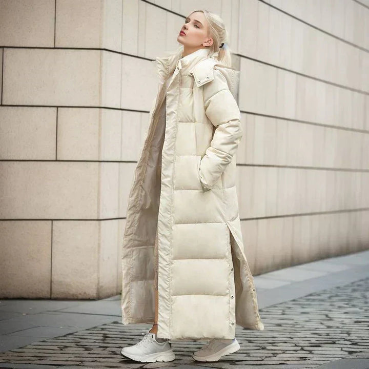 Women's long winter coat, offering warmth and elegance for cooler seasons.