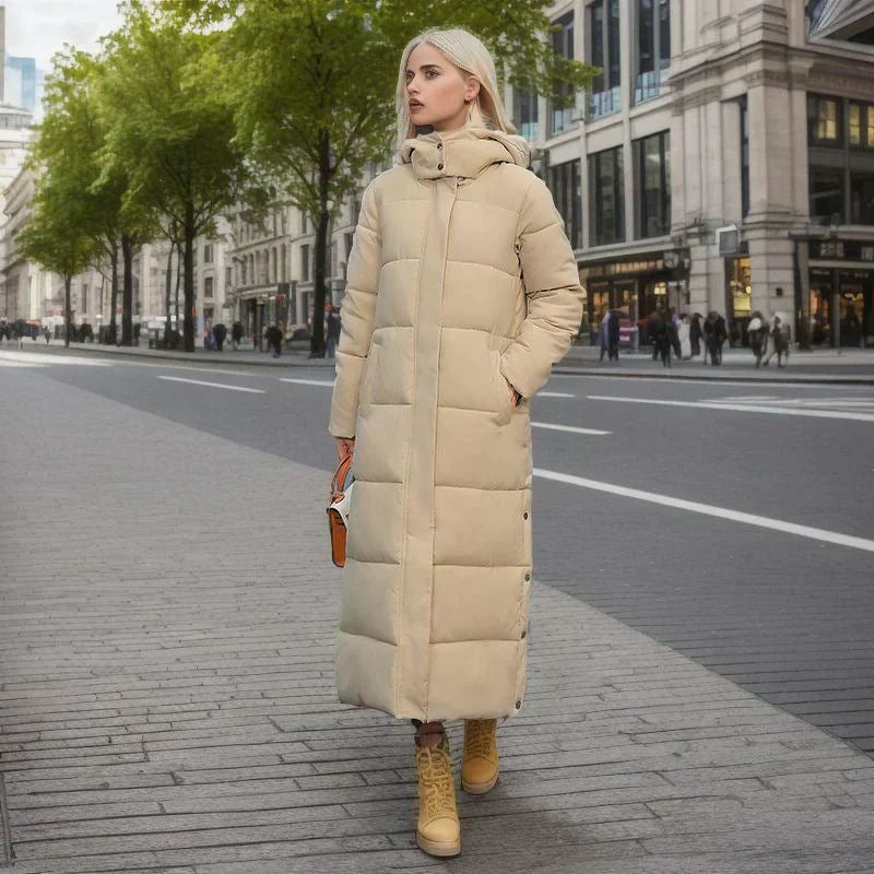 Elegant women's long winter coat, perfect for cold weather fashion.