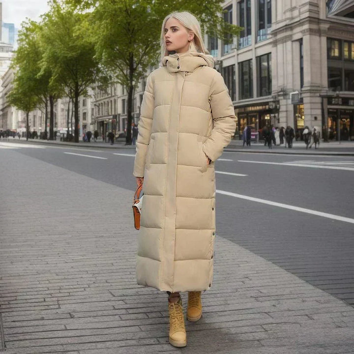 Elegant women's long winter coat, perfect for cold weather fashion.