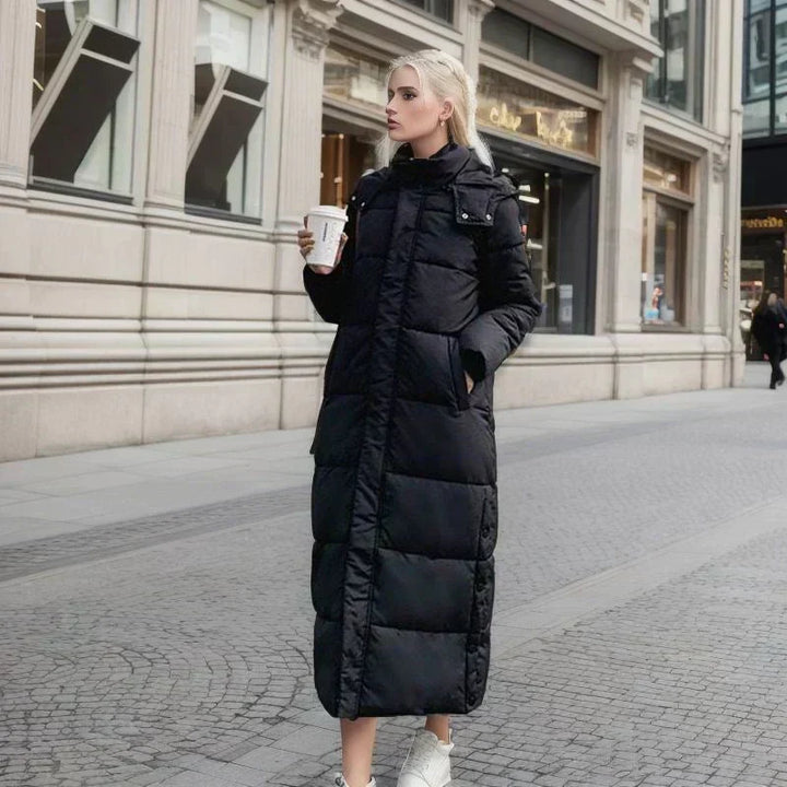 Women's long winter coat for city and outdoor adventures, stylish and warm.