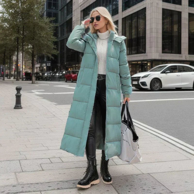 Cozy women's long winter coat, essential warm outerwear for winter.