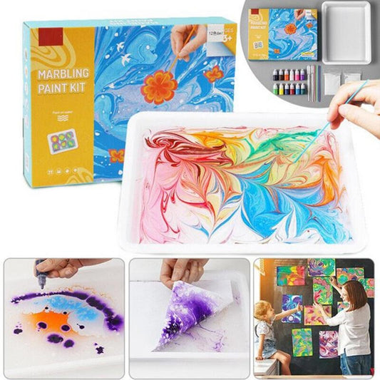 Water marbling paint art set with vibrant colors and tools for creative liquid art on a white background