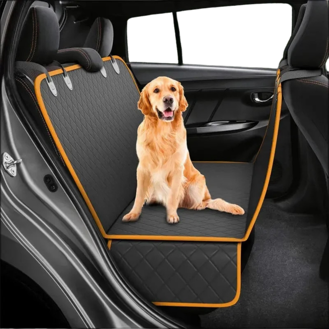 Waterproof car seat protector for dogs, durable back seat cover, protects vehicle from pet messes & scratches.