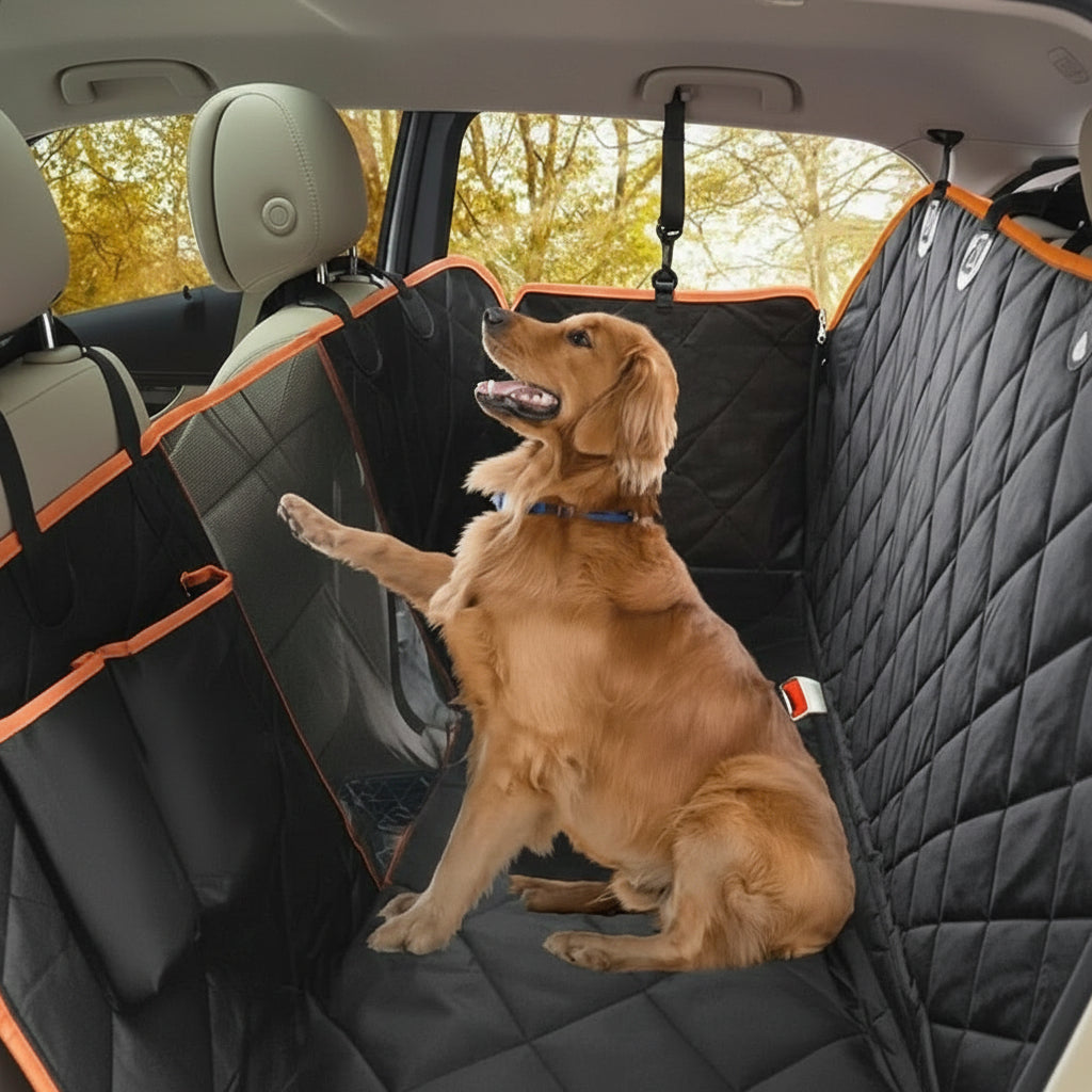 Pet travel car seat cover, waterproof & scratch-resistant for dogs, keeps back seat clean & protected.