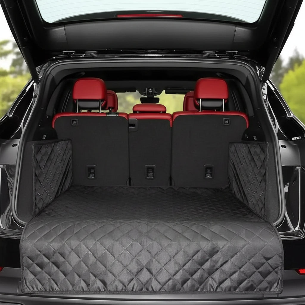 Durable dog car seat protector, waterproof pet travel cover for back seats, scratch-resistant vehicle protection.
