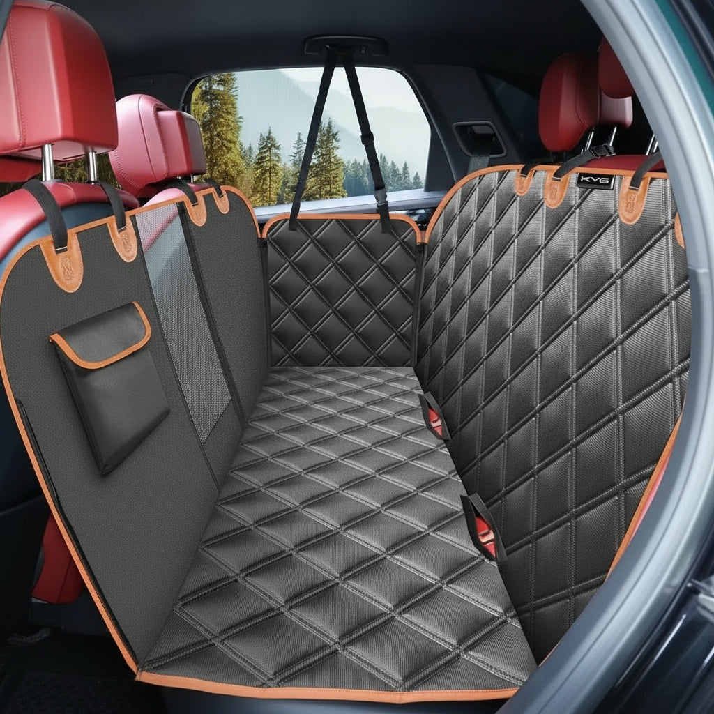 Easy-to-install waterproof car seat protector for dogs, durable pet travel cover for vehicle back seat protection.