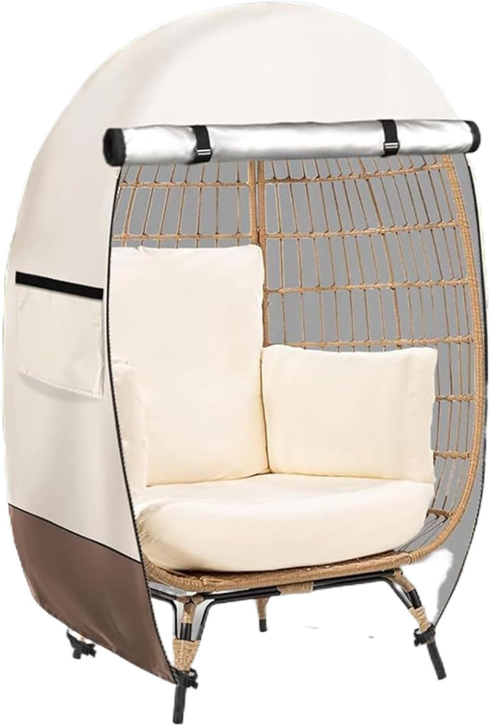 Waterproof egg chair cover with double zipper, protecting outdoor patio furniture from weather.