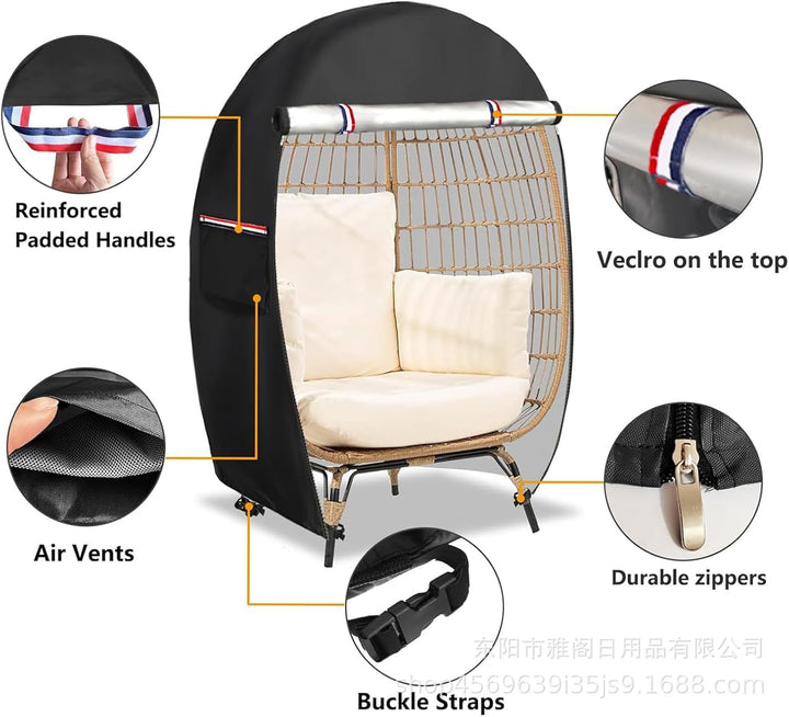 Garden egg chair cover, waterproof and durable with a double zipper for secure outdoor storage.