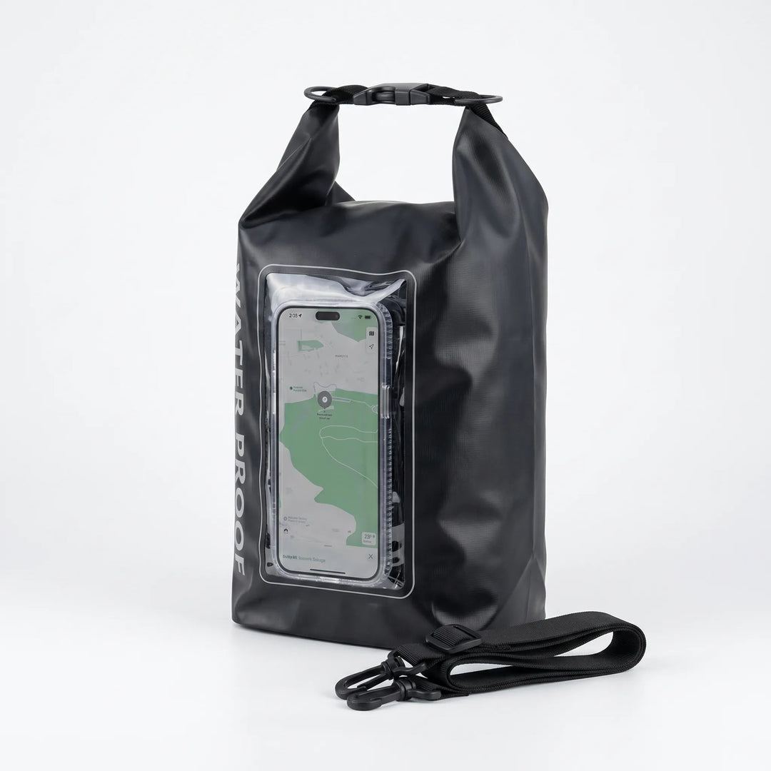 Travel-friendly waterproof roll-top dry bag with phone window, perfect for any adventure.