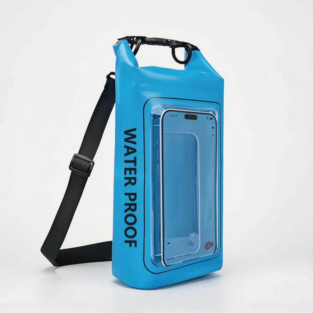 Heavy-duty waterproof dry bag with roll-top seal & phone window for extreme outdoor conditions.