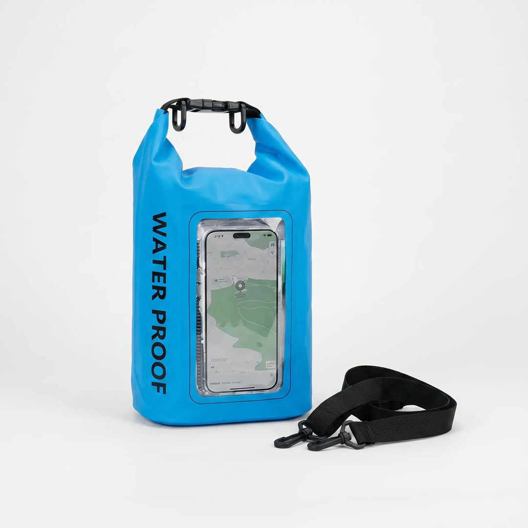 Easy-to-use roll-top waterproof dry bag with integrated phone window for quick access.