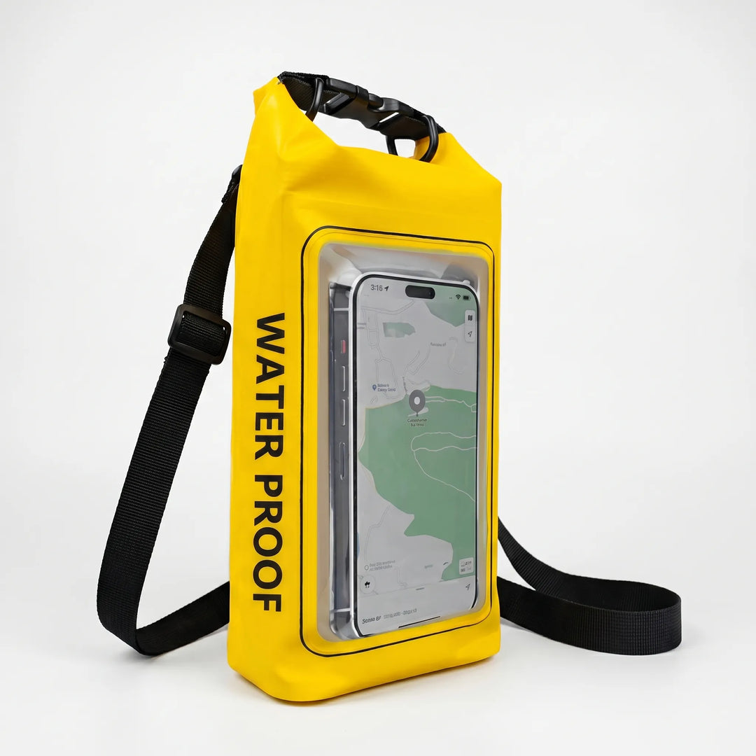 Sleek waterproof roll-top dry bag with a convenient phone window for modern adventurers.