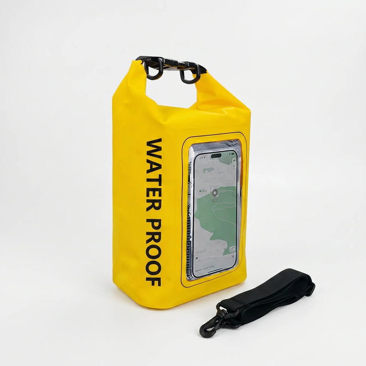 Secure waterproof dry bag with roll-top seal and phone window, essential for water safety.