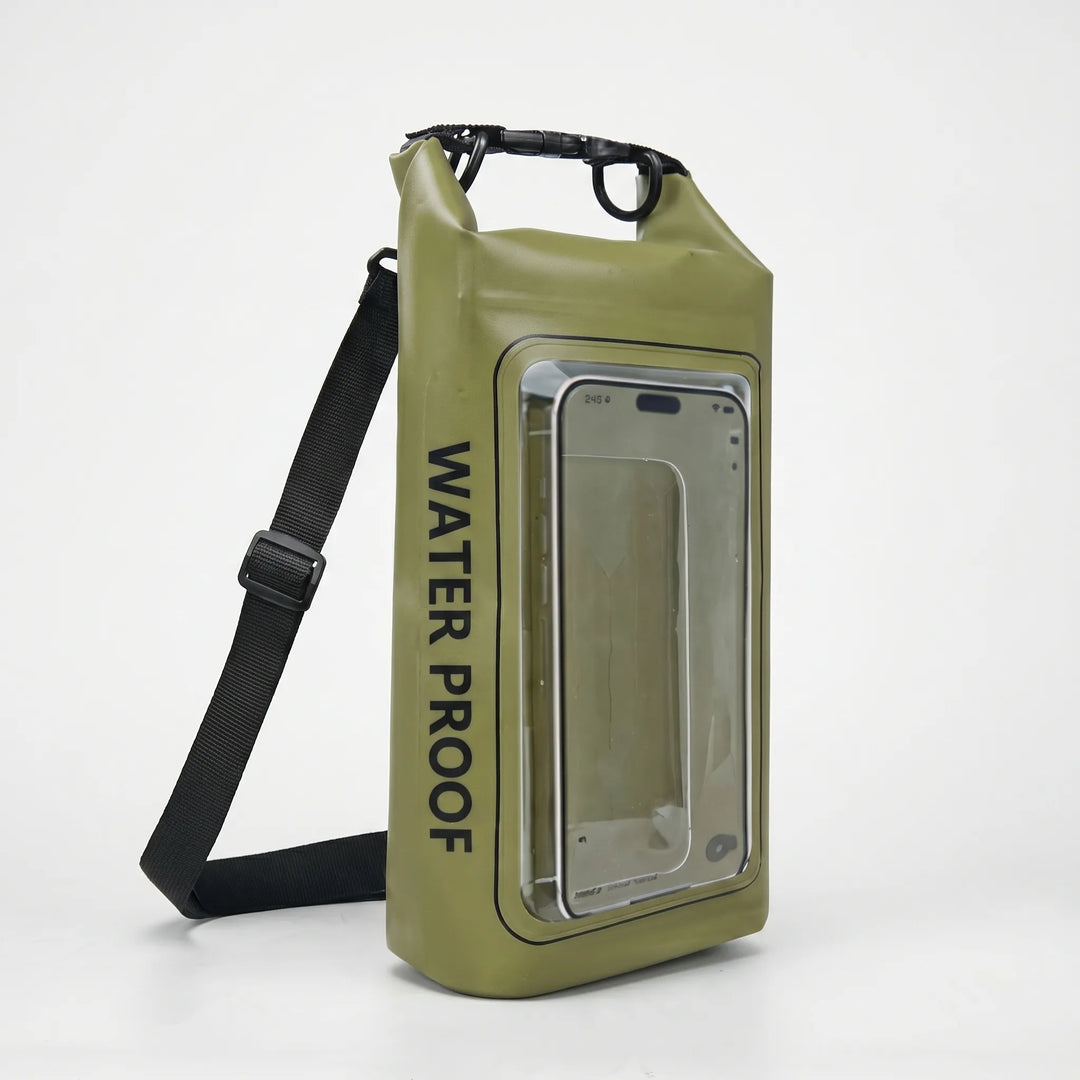 Multi-purpose waterproof dry bag: beach, boat, hike. Features phone window & roll-top closure.