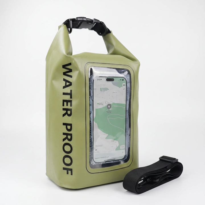 Protect your electronics! Waterproof roll-top dry bag with clear phone window for outdoor gear.