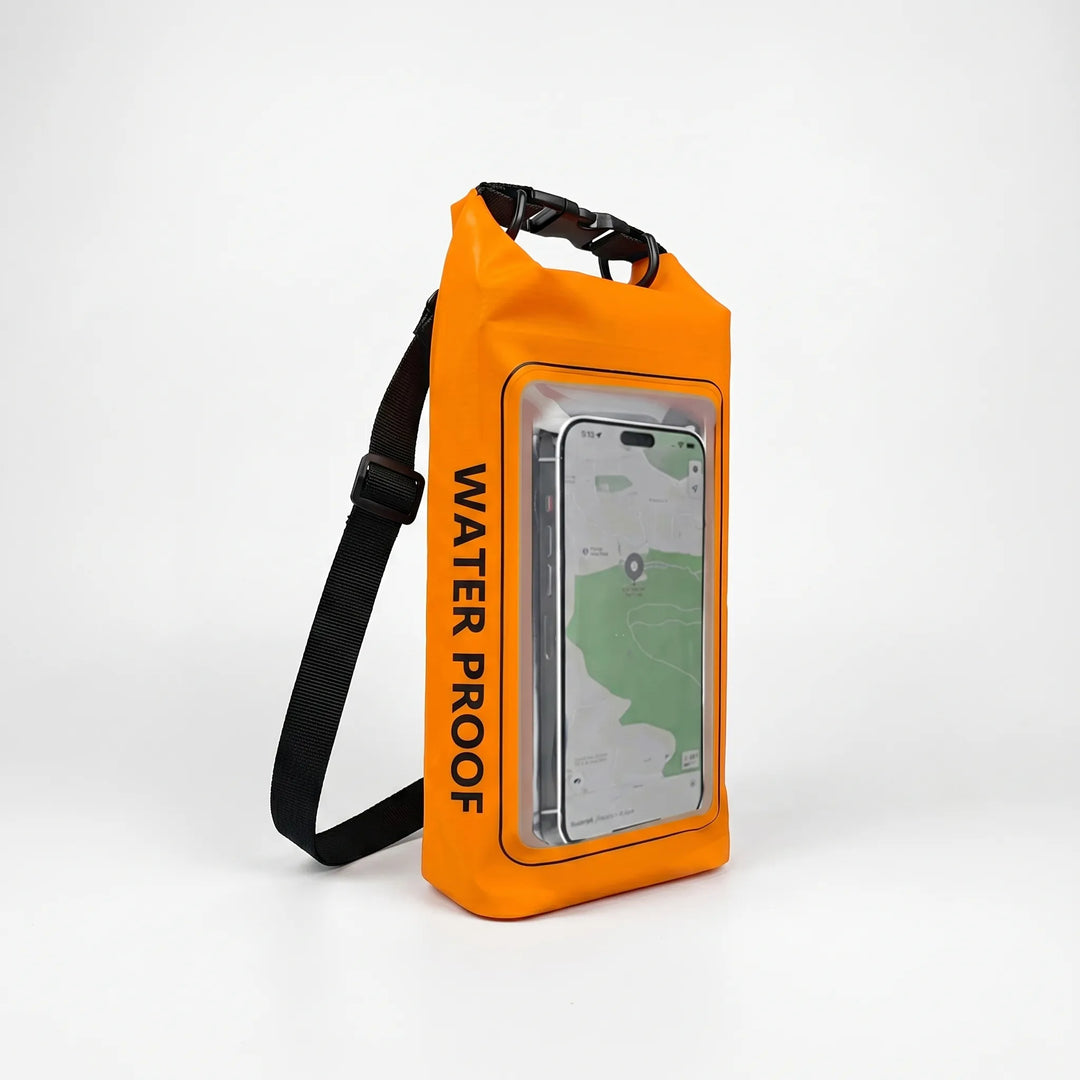 Convenient waterproof dry bag with roll-top seal and built-in phone window for outdoor use.